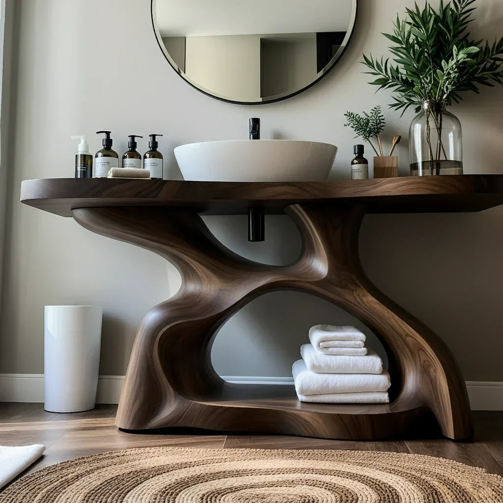 Sculptural Solid Wood Bathroom Vanity
