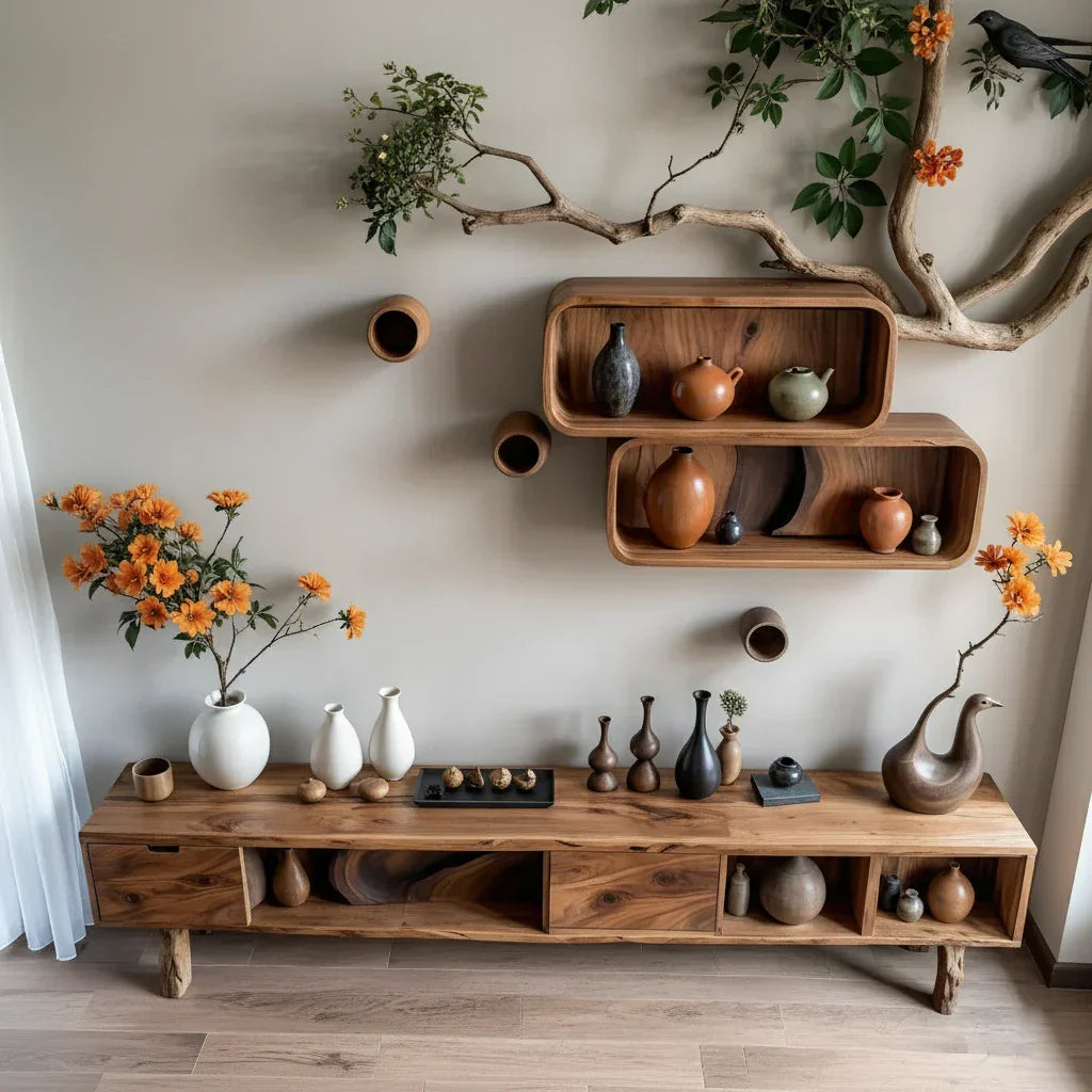 Organic Modern Low Media Console with Open Storage Compartments