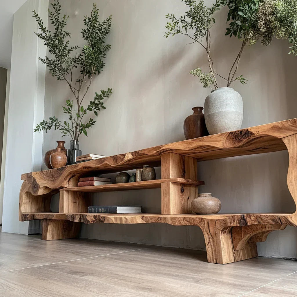 Organic Sculptural Live-Edge Style Media Console with Open Shelves