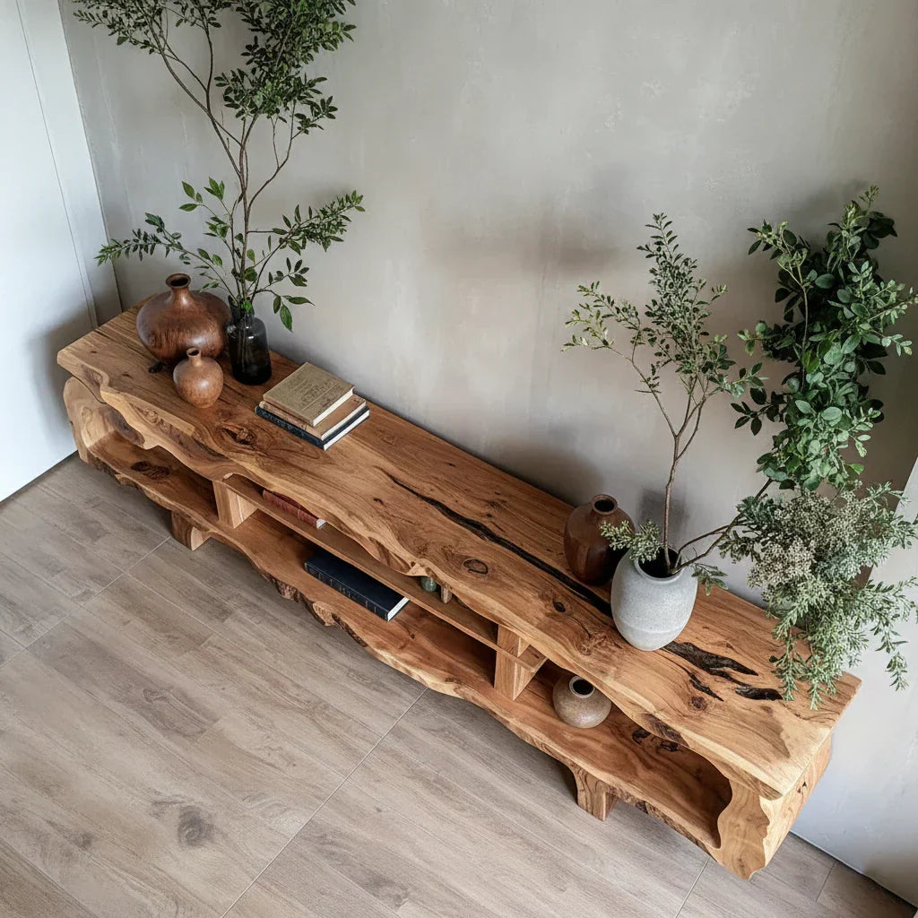 Organic Sculptural Live-Edge Style Media Console with Open Shelves