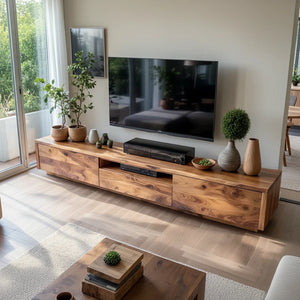Natural Wood TV Console with Flowing Grain for Modern Living Rooms