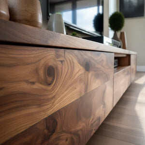 Natural Wood TV Console with Flowing Grain for Modern Living Rooms