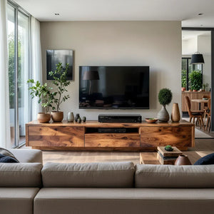 Natural Wood TV Console with Flowing Grain for Modern Living Rooms