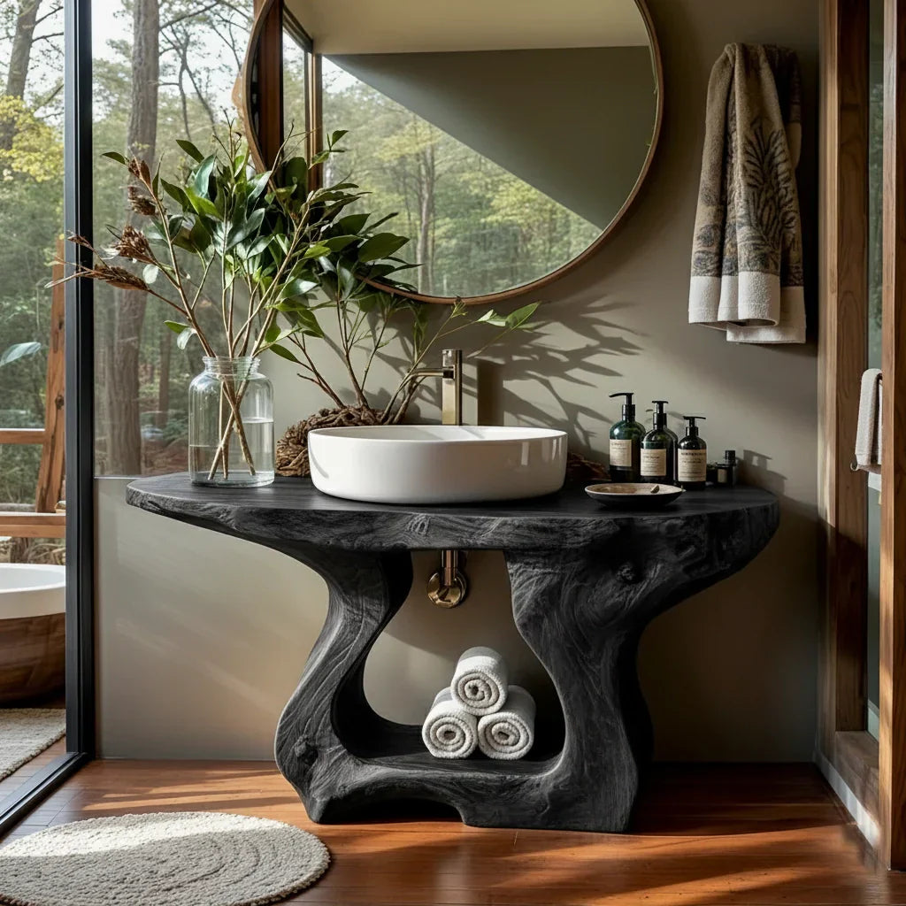 Rustic Live Edge Wood Bathroom Vanity with Open Shelf