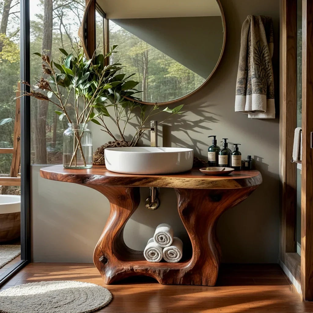Rustic Live Edge Wood Bathroom Vanity with Open Shelf