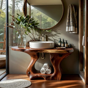 Rustic Live Edge Wood Bathroom Vanity with Open Shelf