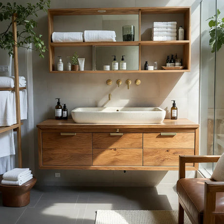 Wall-Mounted Solid Wood Vanity with Brass Pull Hardware for Spa Baths