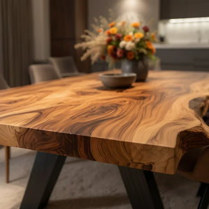 Live Edge Solid Wood Dining Table with Angled Base for Modern Interiors
