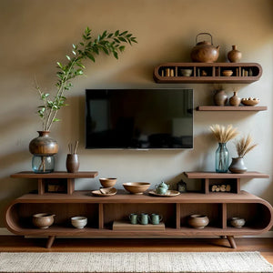Curved-Edge Low Media Console with Open Display Compartments