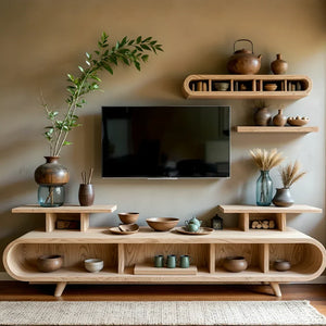 Curved-Edge Low Media Console with Open Display Compartments