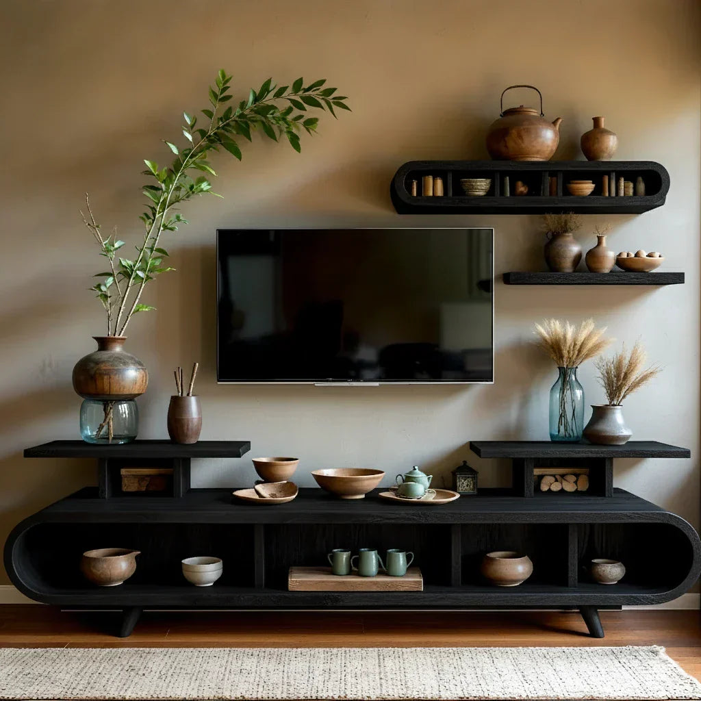 Curved-Edge Low Media Console with Open Display Compartments