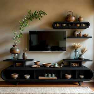 Curved-Edge Low Media Console with Open Display Compartments