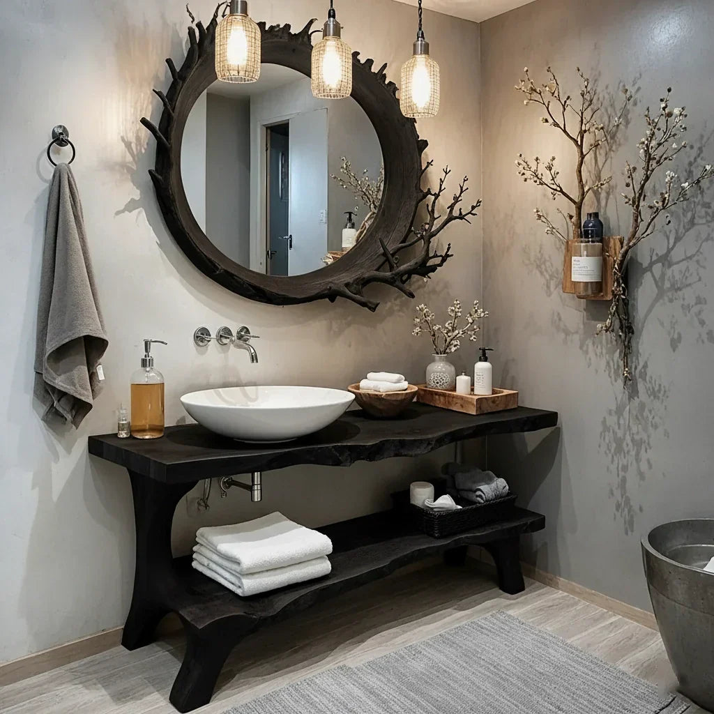 Solid Wood Live Edge Console with Open Shelf for Spa Bath
