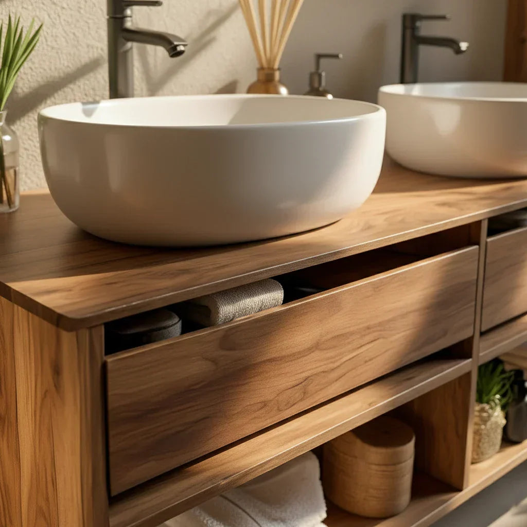 Solid-Wood Double Bathroom Vanity and Open Storage