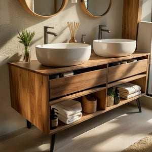 Solid-Wood Double Bathroom Vanity and Open Storage
