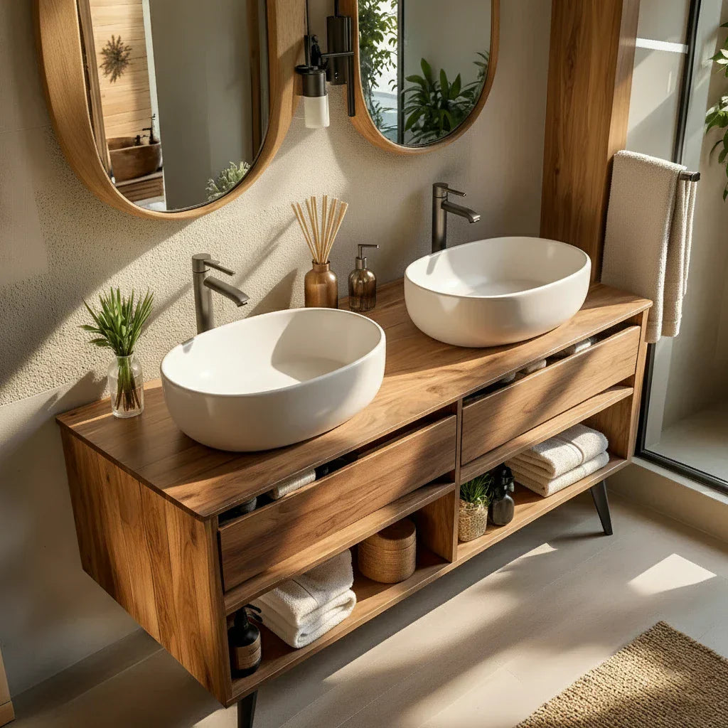 Solid-Wood Double Bathroom Vanity and Open Storage