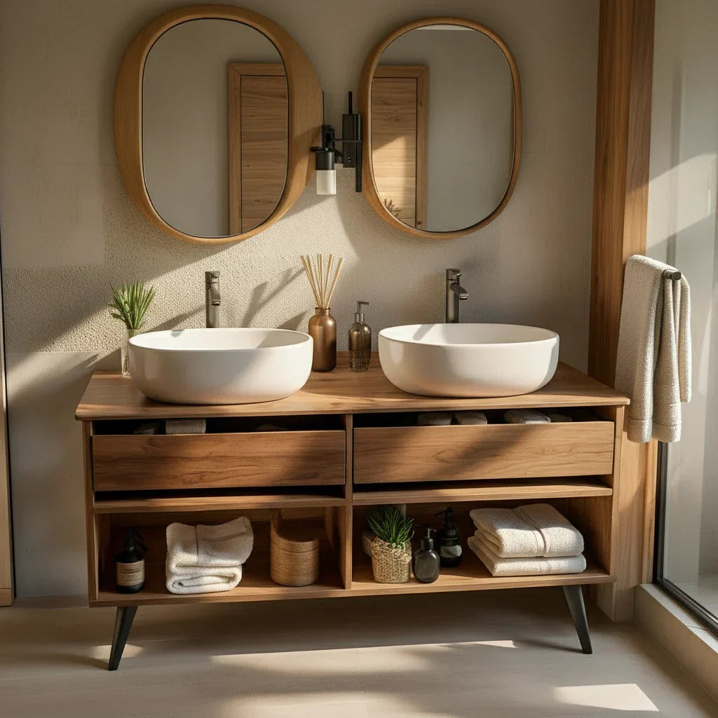 Solid-Wood Double Bathroom Vanity and Open Storage