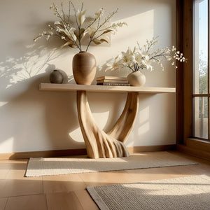 Modern Organic Solid Wood Console Table with Sculpted Flow Base