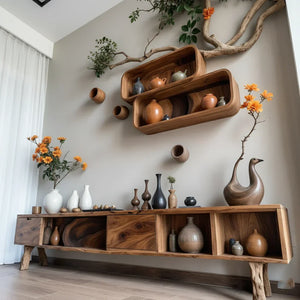 Organic Modern Low Media Console with Open Storage Compartments