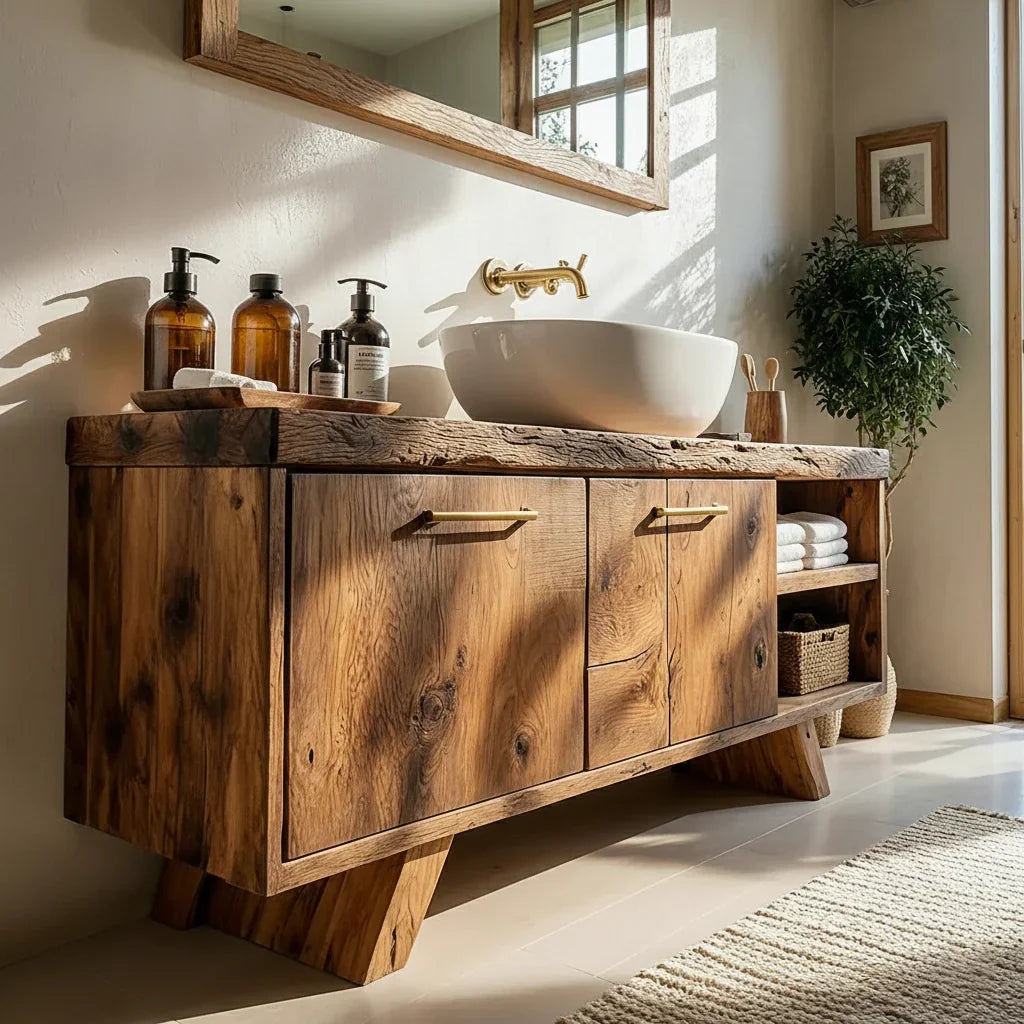 Wood Bathroom Vanity with Cabinet Doors and Open Shelf Storage