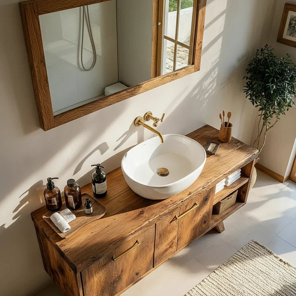 Wood Bathroom Vanity with Cabinet Doors and Open Shelf Storage