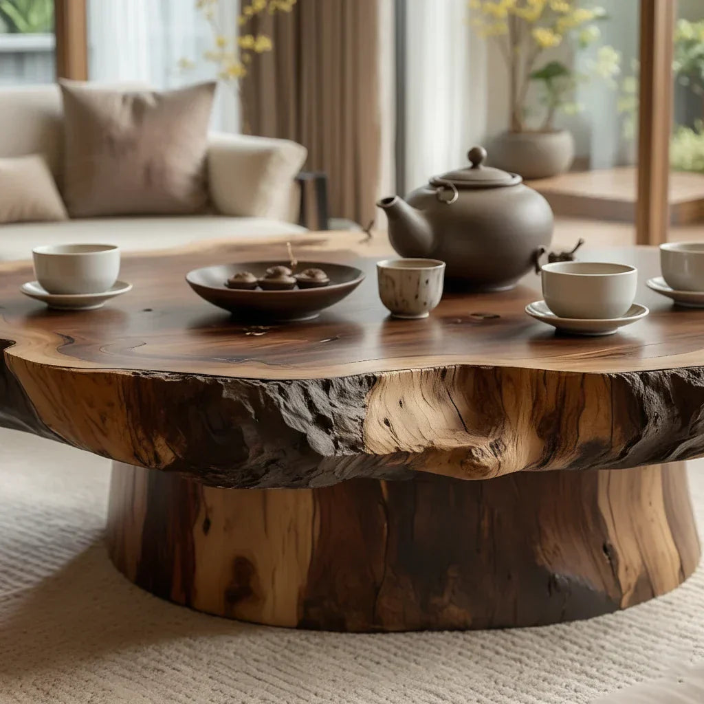 Round Solid-Wood Coffee Table with Organic Live Edge for Living Rooms
