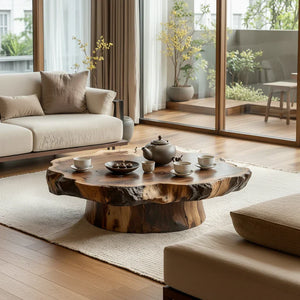 Round Solid-Wood Coffee Table with Organic Live Edge for Living Rooms