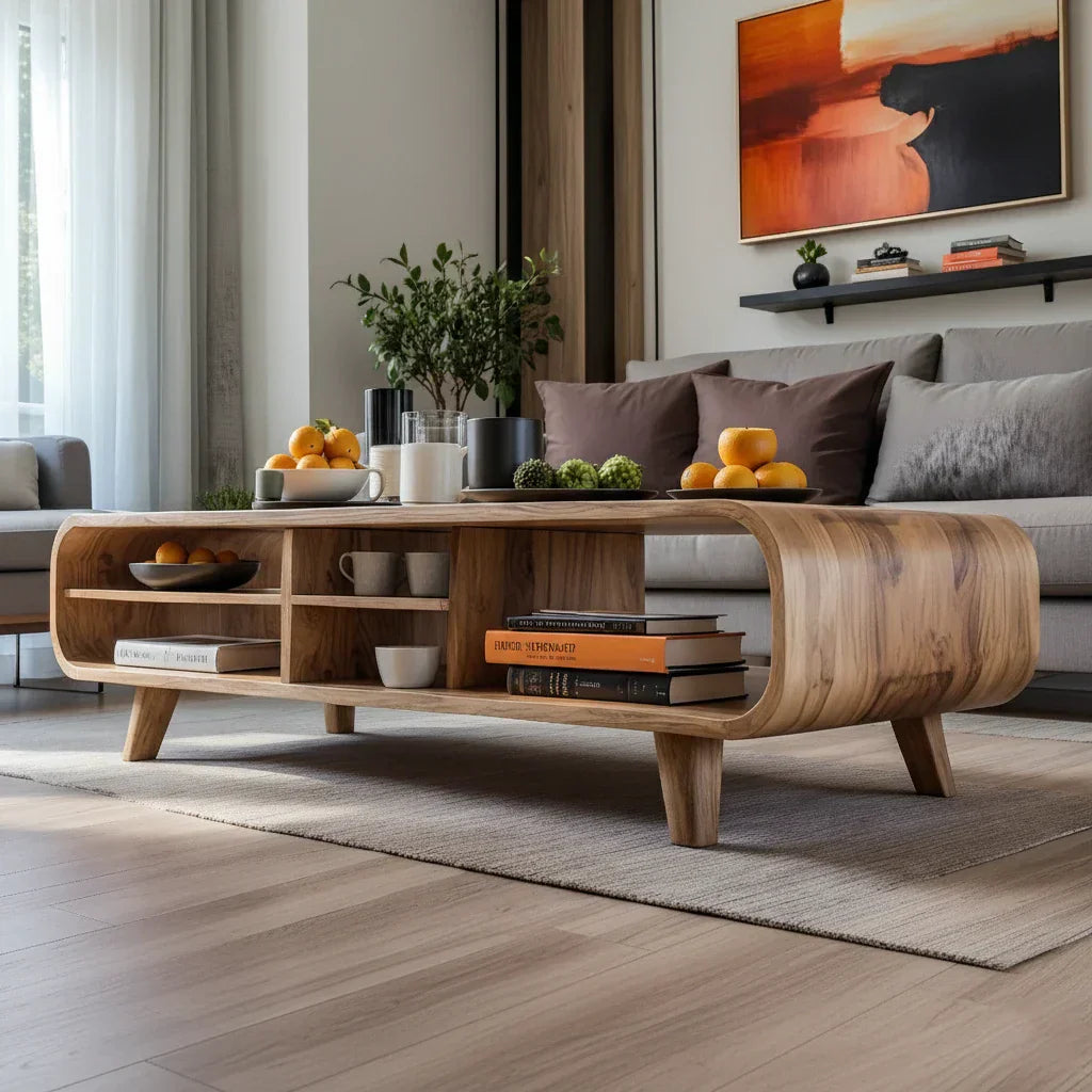 Solid Wood Curved Coffee Table with Storage for Living Rooms