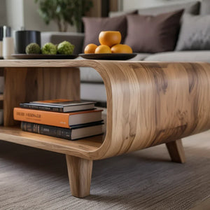 Solid Wood Curved Coffee Table with Storage for Living Rooms