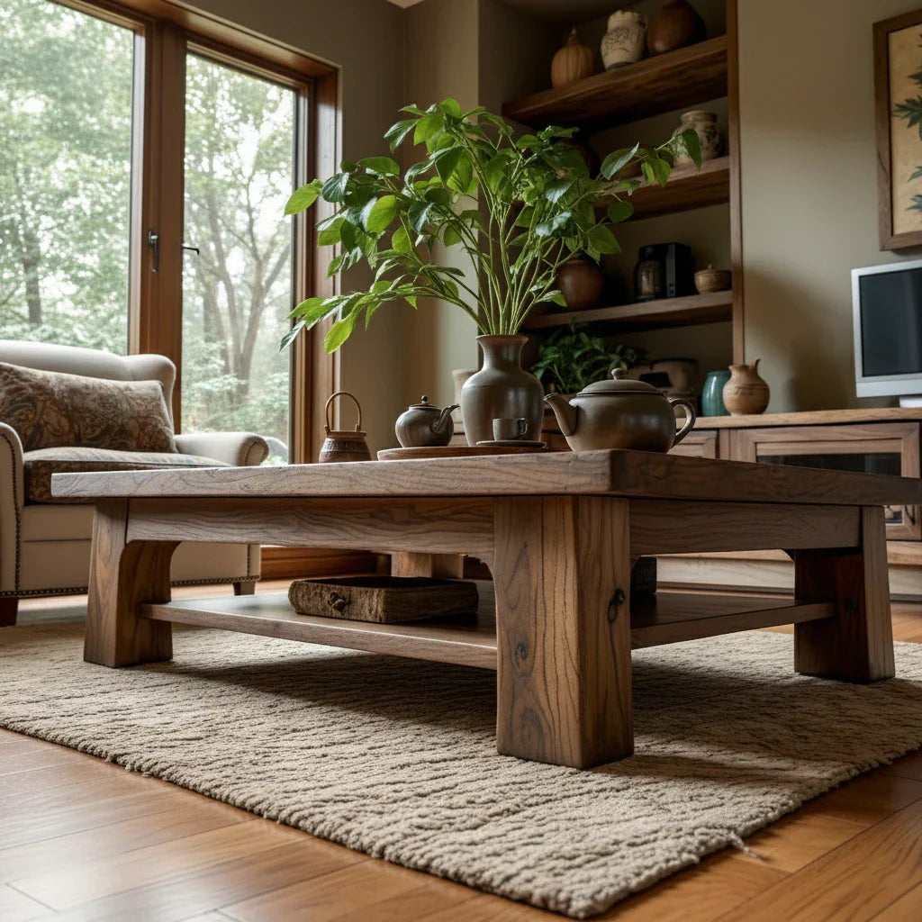 Rectangular Solid-Wood Coffee Table with Storage Shelf