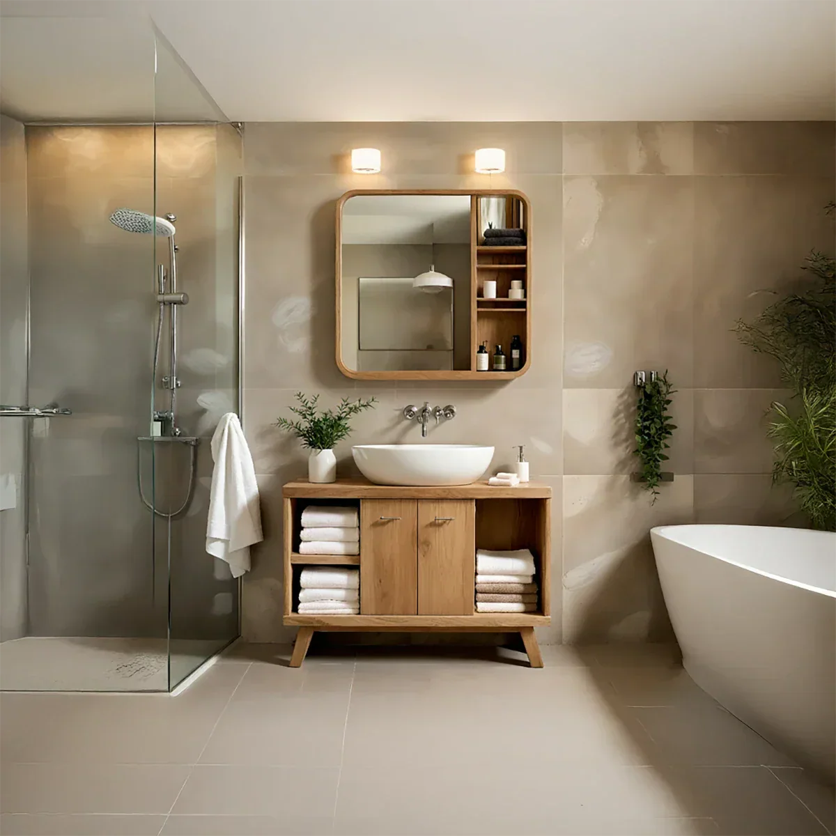 Solid-Wood Bathroom Vanity with Open Towel Storage