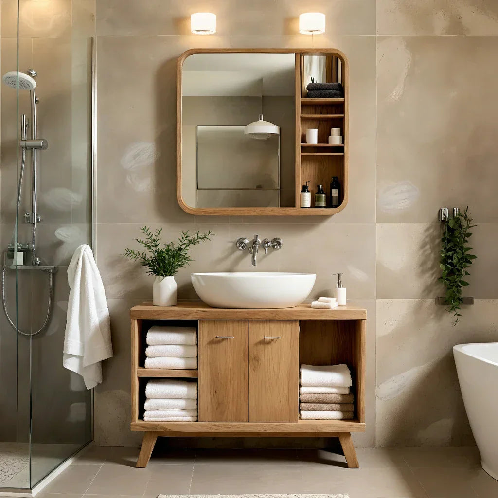 Solid-Wood Bathroom Vanity with Open Towel Storage