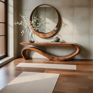 Handcrafted Organic Solid Wood Console Table with Flowing Loop Base
