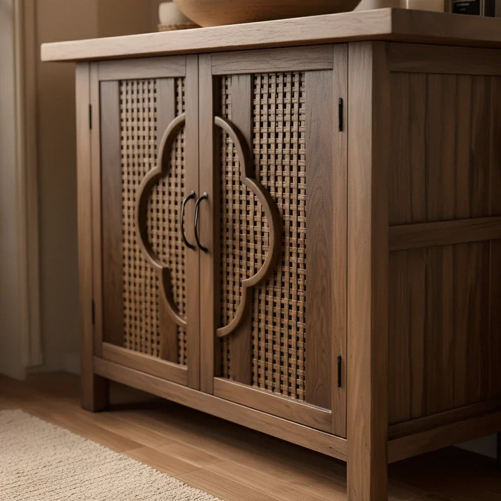 Natural Wood Bathroom Vanity with Woven Doors for Zen-Inspired Bathrooms