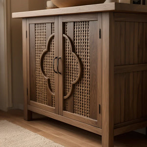 Natural Wood Bathroom Vanity with Woven Doors for Zen-Inspired Bathrooms