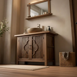 Natural Wood Bathroom Vanity with Woven Doors for Zen-Inspired Bathrooms