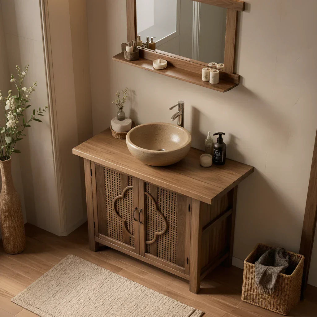 Natural Wood Bathroom Vanity with Woven Doors for Zen-Inspired Bathrooms