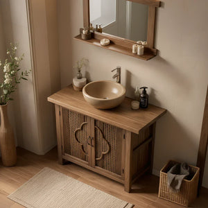 Natural Wood Bathroom Vanity with Woven Doors for Zen-Inspired Bathrooms