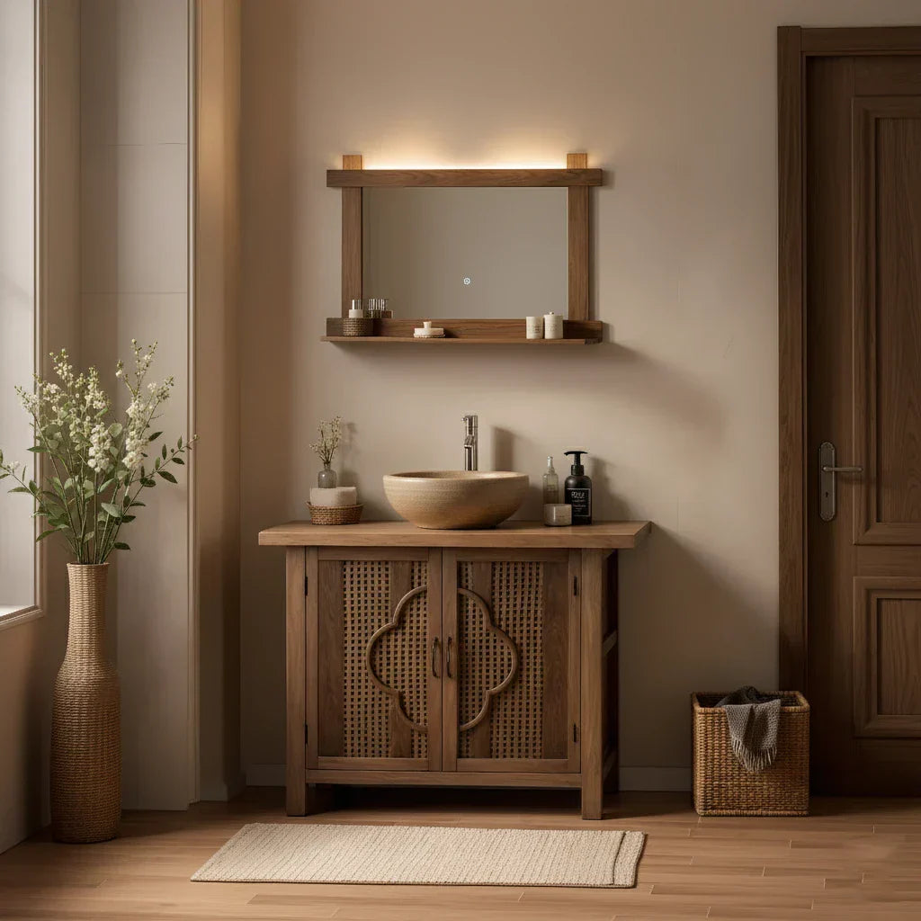 Natural Wood Bathroom Vanity with Woven Doors for Zen-Inspired Bathrooms