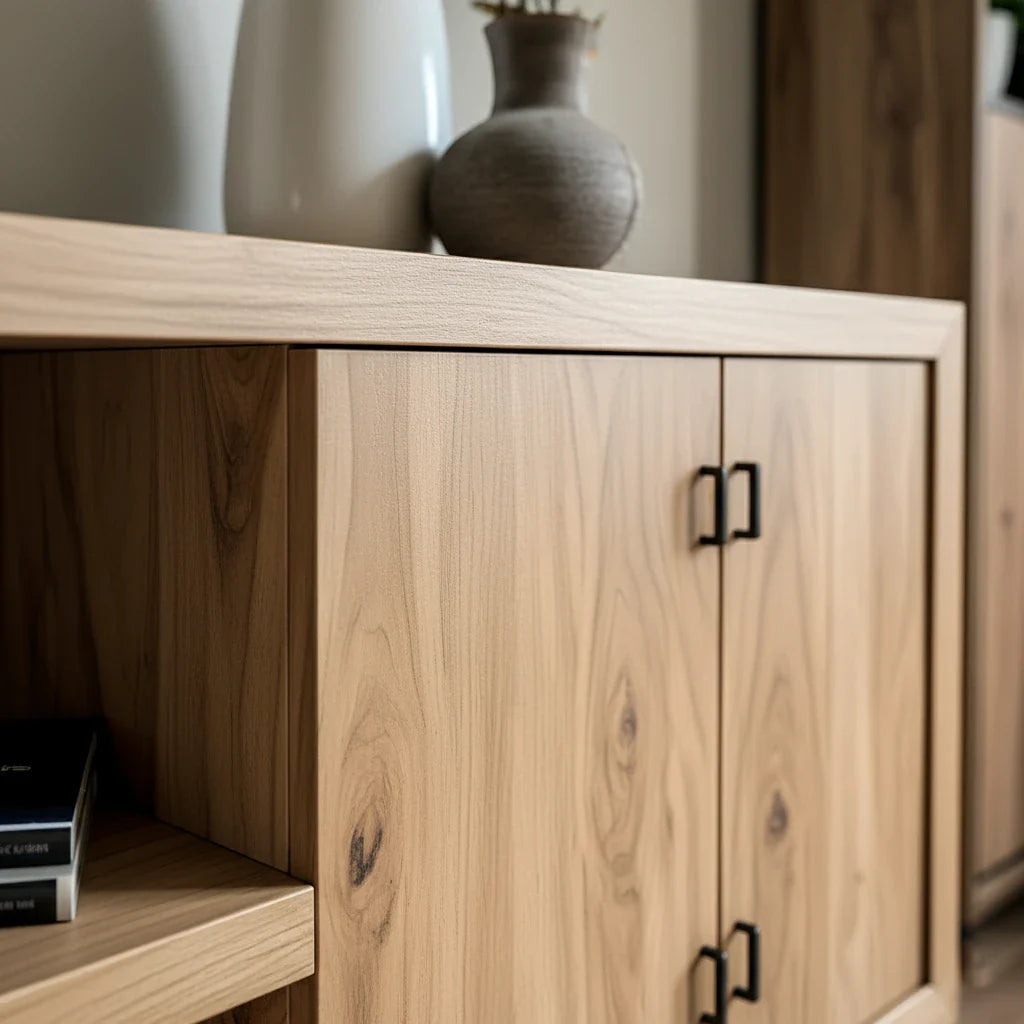 Solid Wood Media Console with Open Shelving and Minimalist Form
