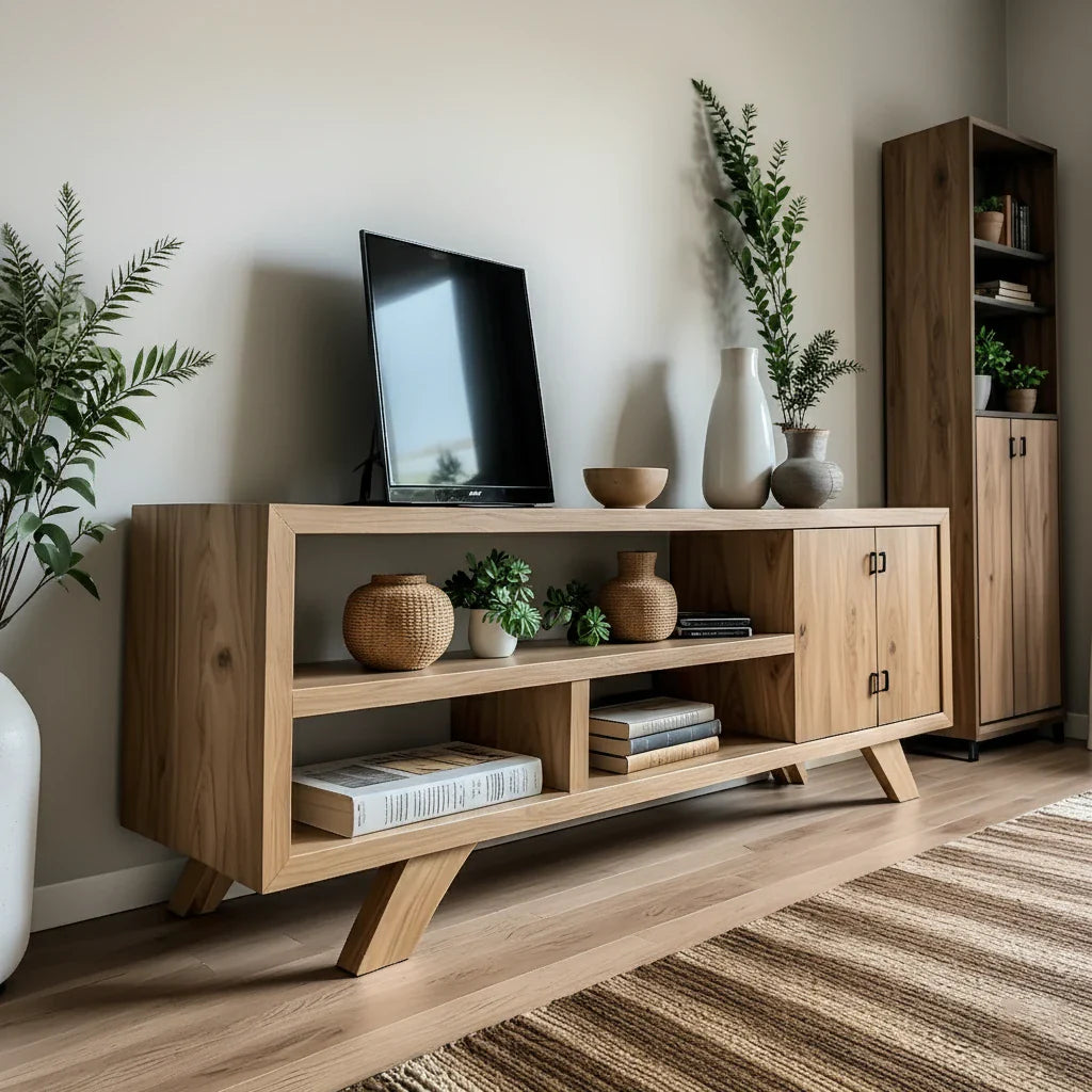 Solid Wood Media Console with Open Shelving and Minimalist Form