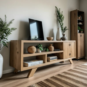 Solid Wood Media Console with Open Shelving and Minimalist Form
