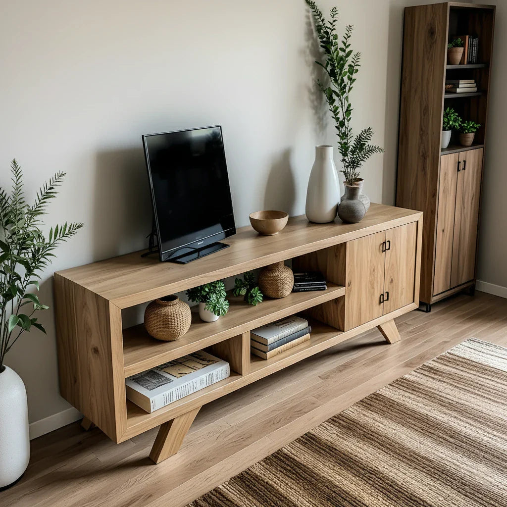 Solid Wood Media Console with Open Shelving and Minimalist Form