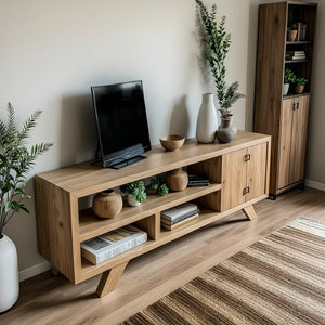 Solid Wood Media Console with Open Shelving and Minimalist Form