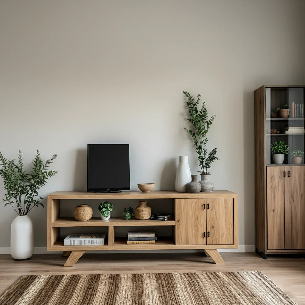 Solid Wood Media Console with Open Shelving and Minimalist Form