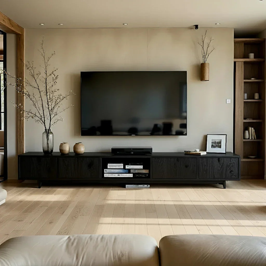 Natural Wood Media Console with Knotty Panels & Open Center Bay