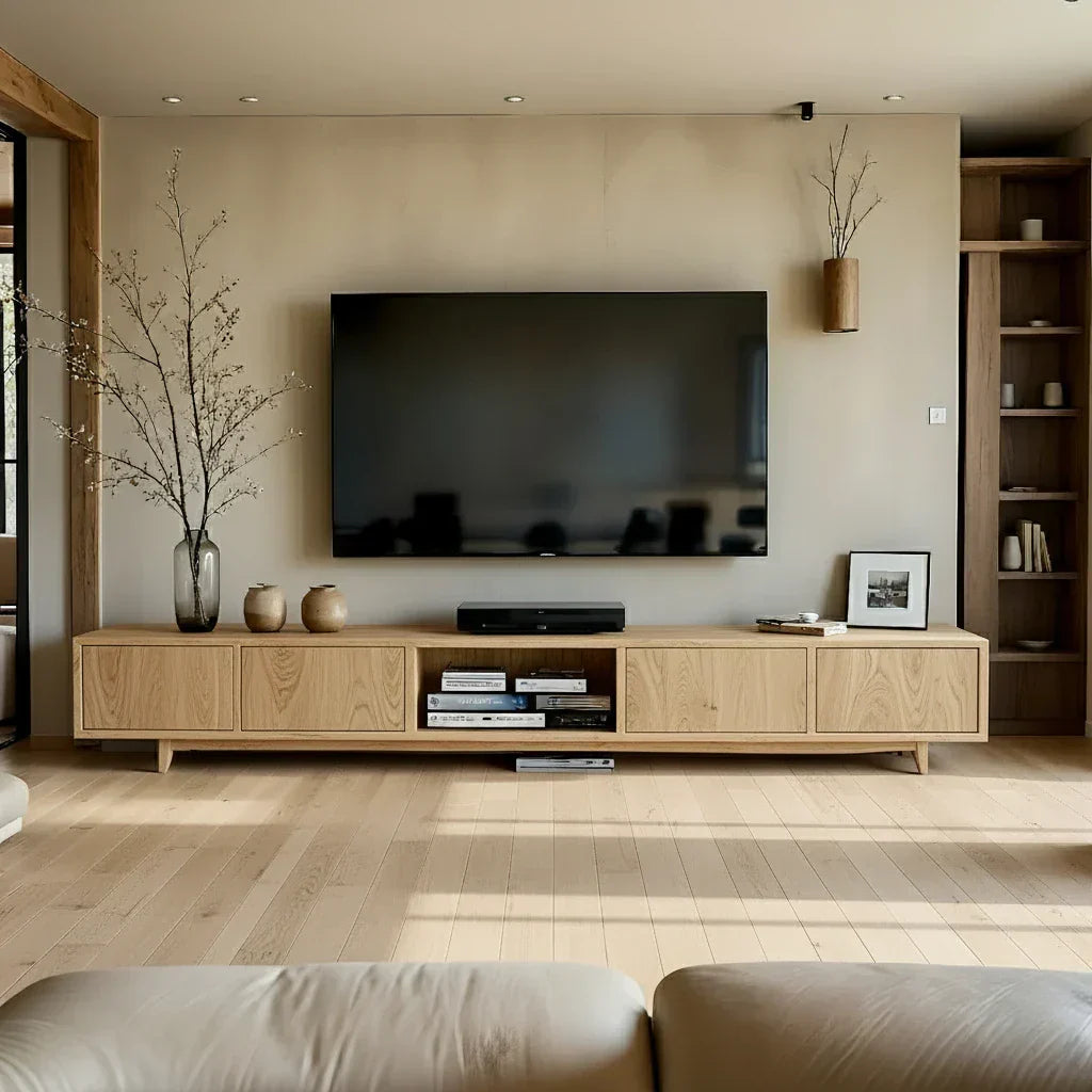 Natural Wood Media Console with Knotty Panels & Open Center Bay