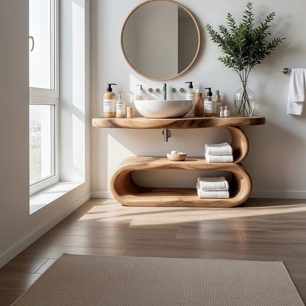 Solid Wood Vanity with Loop Open Shelf for Modern Bathrooms