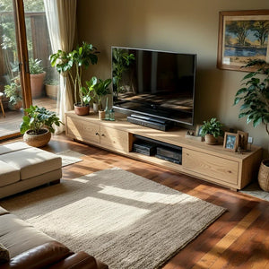 Wood TV Stand with Mixed Storage for Organic Modern Living