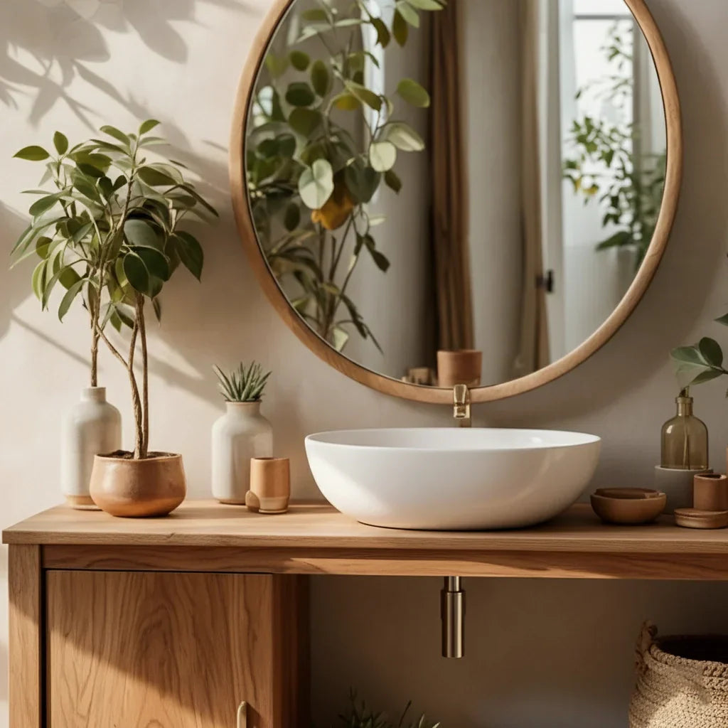 Minimal Solid Wood Bathroom Vanity with Sliding Door and Open Shelf